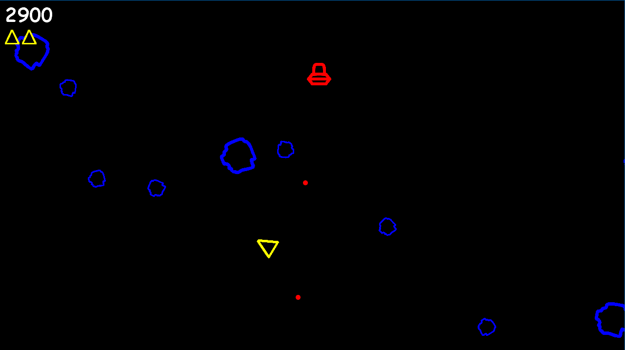 Screenshot of an Asteroids arcade game clone with neon wireframe graphics.