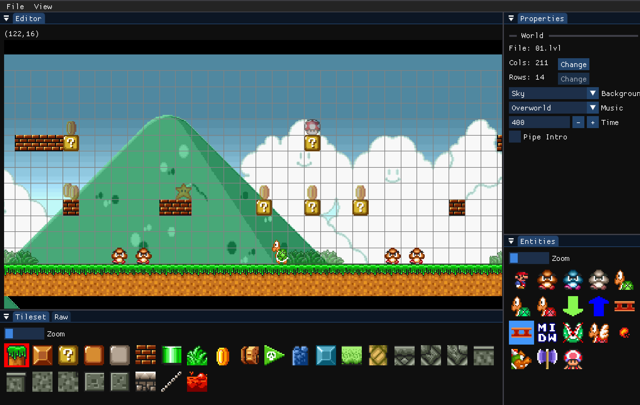 Screenshot of a custom level editor interface for a 2D platformer.