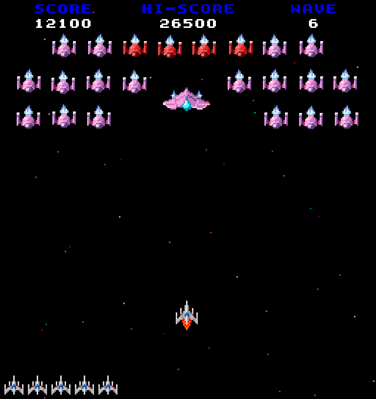 Screenshot of a retro, Galaga-style space shooter game.